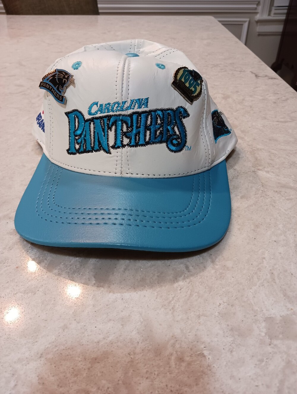 Men Leather White and Teal Panthers Hat